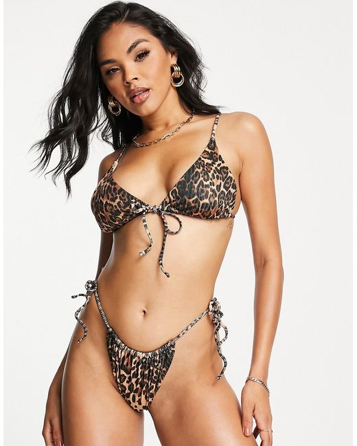 Asos Design mix and match ribbed triangle bikini top in leopard print-