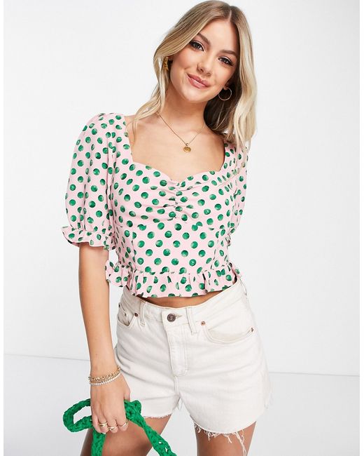 The Frolic milkmaid top with puff sleeves in watercolor spot-