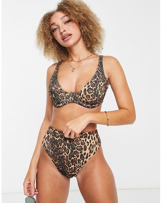Asos Design fuller bust mix and match rib step front underwired bikini top in leopard print-