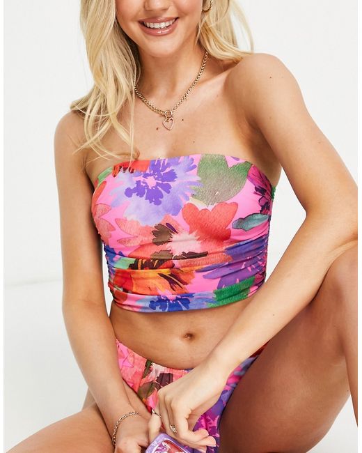 Asos Design ruched mesh bandeau bikini top in abstract floral print-