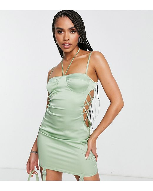AsYou bust cup lace up mini dress with garter detail in sage-