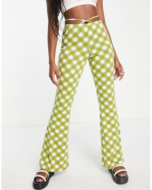 Asos Design flare pants with tie waist in checkerboard gingham green-