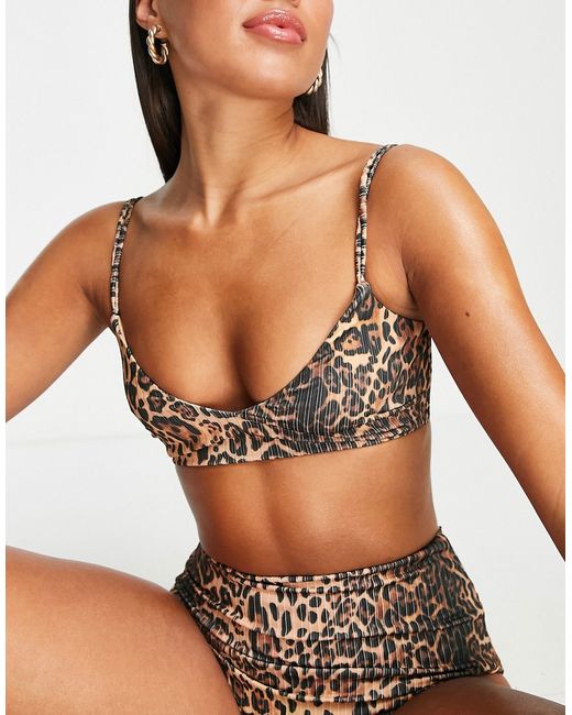 Asos Design mix and match ribbed lattice crop bikini top in leopard print-