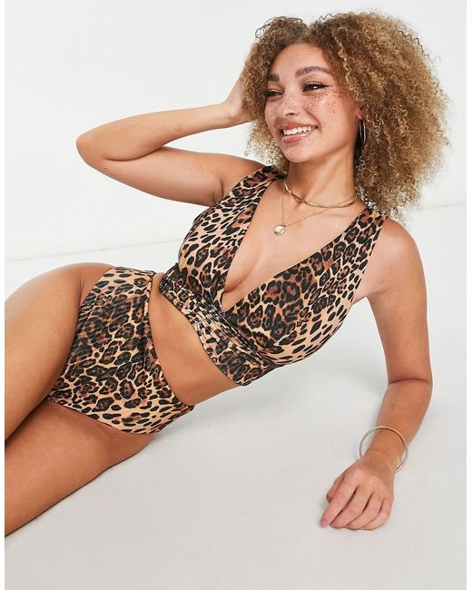 Asos Design Fuller Bust mix and match rib deep plunge bikini top in leopard print-