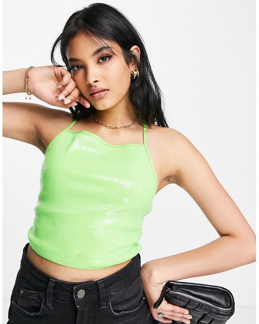 Annorlunda strappy back sequin crop top in lime-