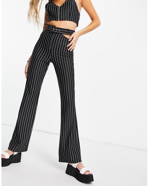 Asos Design jersey 00s suit flare pants with cut out detail in pinstripe-