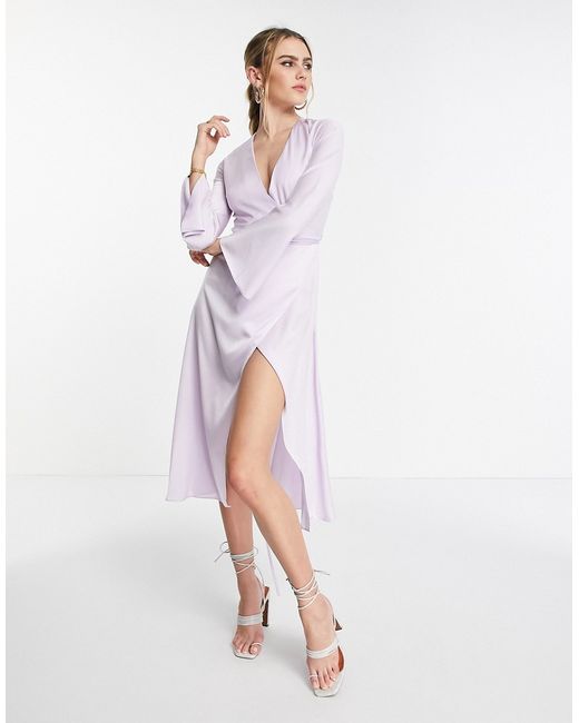 Asos Design bias cut satin wrap midi dress with tie waist in lilac-