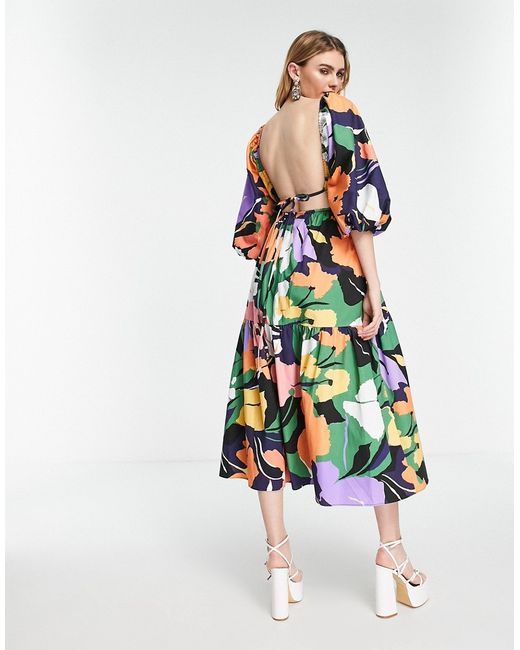 ASOS Edition volume sleeve midi dress with cut-out back in abstract print-