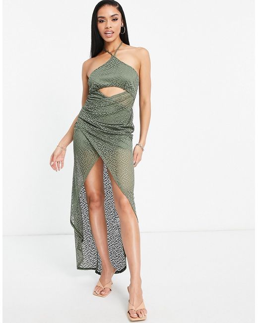 Asos Design textured halter cut out wrap maxi dress in olive-