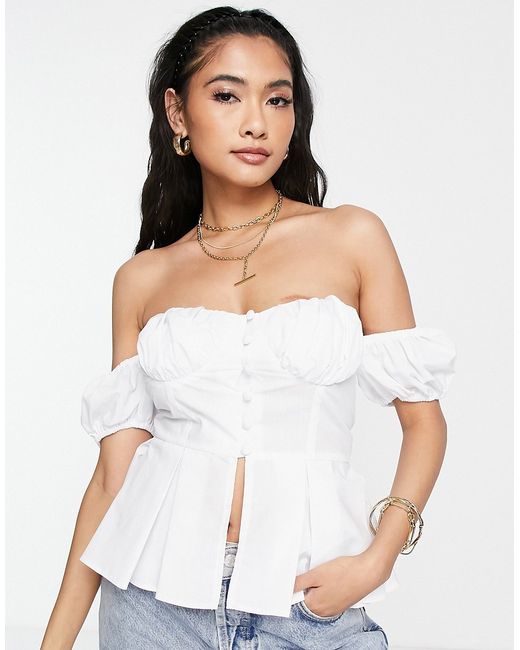 Asos Design off-shoulder corset top with puff sleeves in