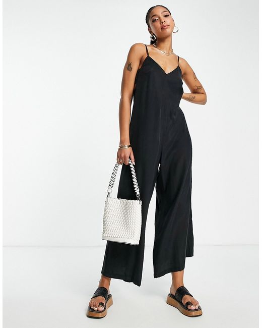 TopShop cami wide leg jumpsuit with open back in black-