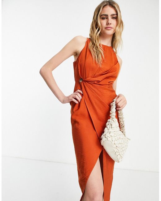 Asos Design origami sleeveless pencil midi dress in rust-