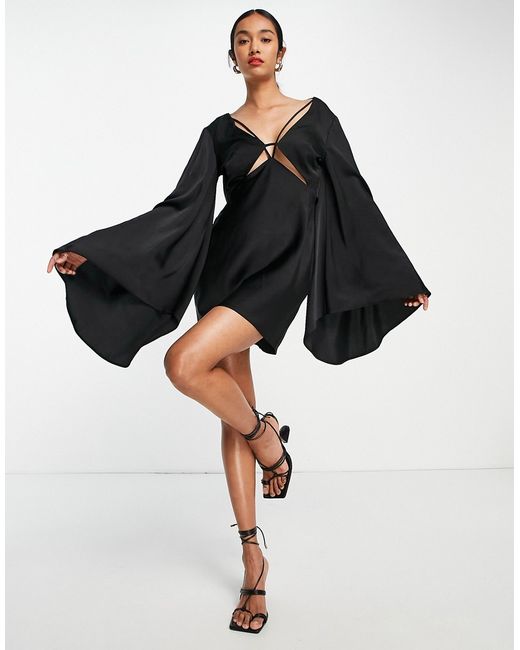Asos Design satin cape sleeve mini dress with tie back detail in