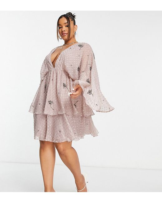 ASOS Curve DESIGN Curve tiered textured mini dress with linear bloom embellishment in dusty rose-