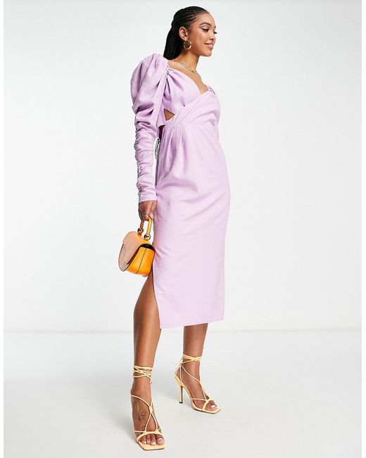 Asos Design ruched detail midi dress with wrap bodice in lilac-
