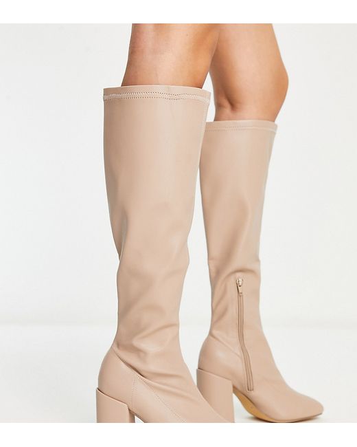 London Rebel Wide Fit over the knee sock boots in cream-