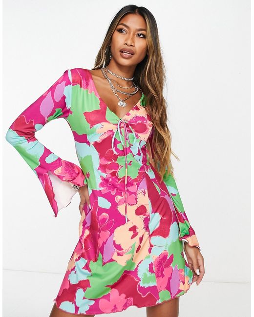 Only Exclusive V-neck mini dress with split sleeve detail in bright floral-