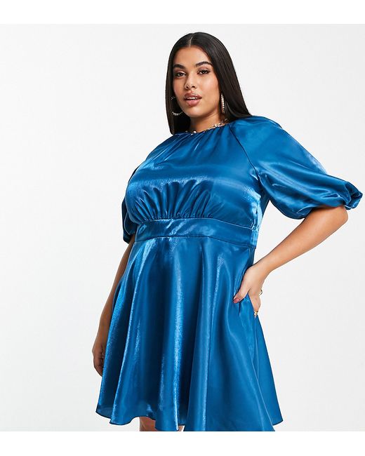Ever New Curve satin ruffle hem dress with bow back in blue-
