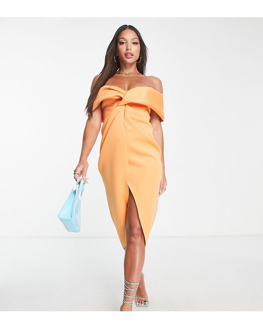 Asos Design Tall off the shoulder front twist midi dress in apricot-