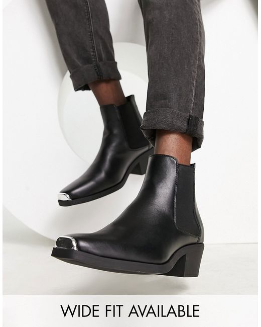 Asos Design stacked heel western chelsea boots in faux leather with metal hardware