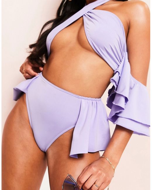 ASOS Luxe frill hem high leg bikini bottom in lilac-