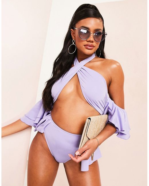 ASOS Luxe cross neck ruffle sleeve bikini top in lilac-