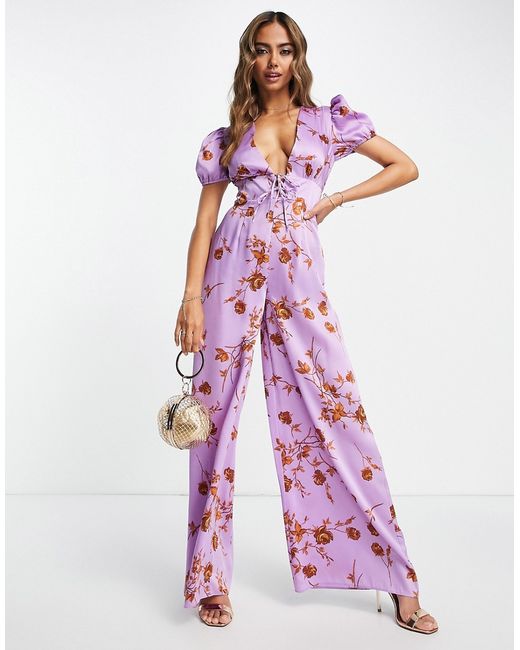 Asos Design satin tea jumpsuit with puff sleeve in floral print-