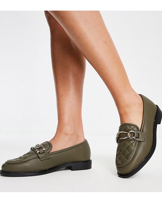 River Island Wide Fit chain detail quilted loafers in olive-