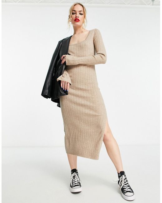 Asos Design knitted midi dress with square neck in taupe-