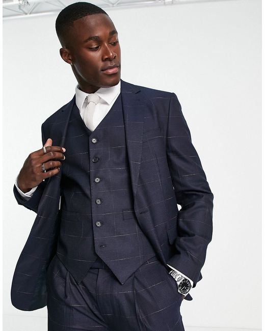 Noak skinny premium fabric suit jacket in windowpane plaid with two-way stretch