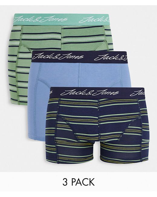 Jack & Jones 3 pack trunks in green and blue stripe-