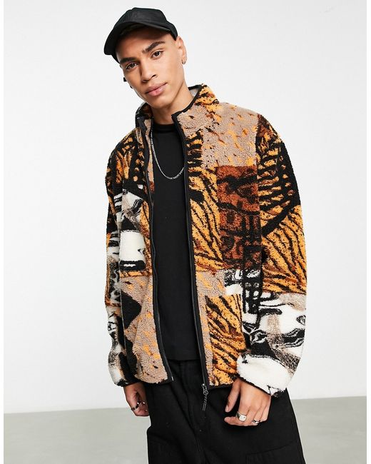 Topman borg jacket with all over animal print in