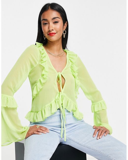 Asos Design tie front frill neck sheer blouse in lime-