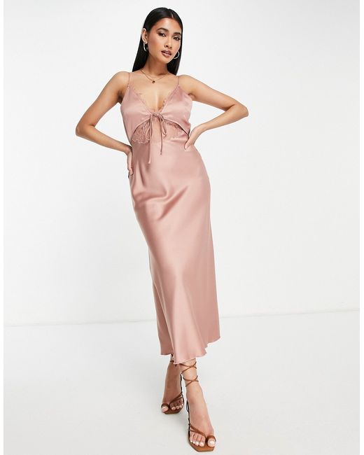 Asos Design bias satin slip midi dress with delicate lace detail and tie front in blush-