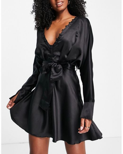 Asos Design satin batwing mini dress with button front detail and tie in