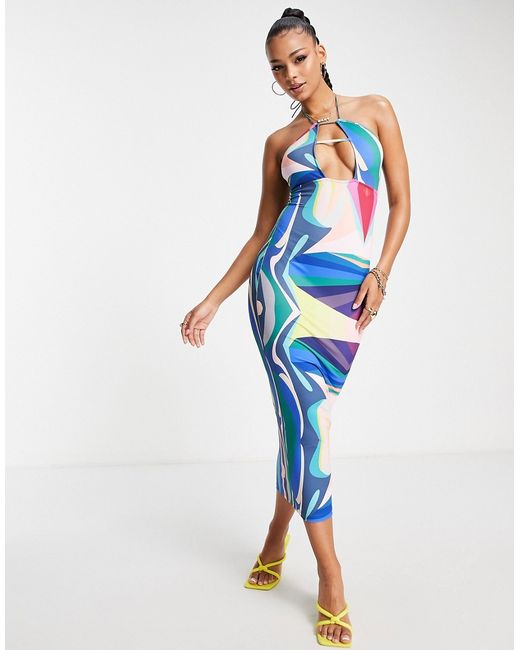 Simmi Clothing Simmi plunge front midaxi dress in blue abstract print-