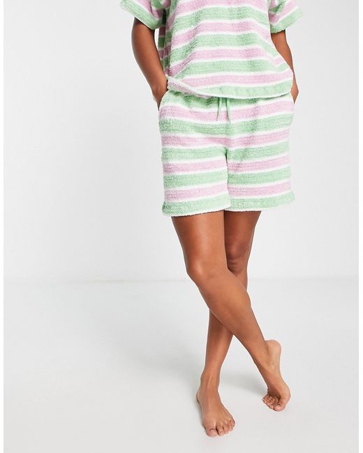 Asos Design lounge brushed terry stripe shorts in pink green part of a set-