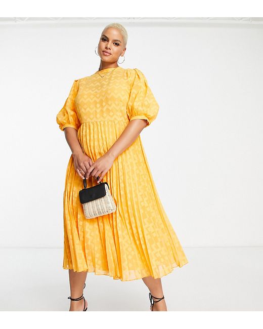 ASOS Curve DESIGN Curve high neck pleated chevron textured midi dress with puff sleeve in
