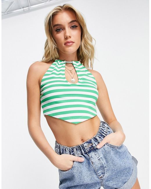 Asos Design striped ribbed halter top in green and white-
