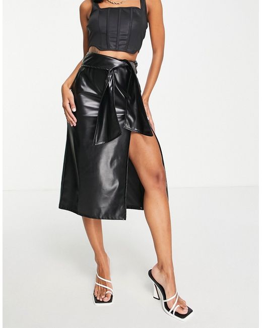 Asos Design faux leather bow detail midi skirt in