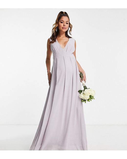 TFNC Maternity Bridesmaid chiffon v front maxi dress with pleated skirt in