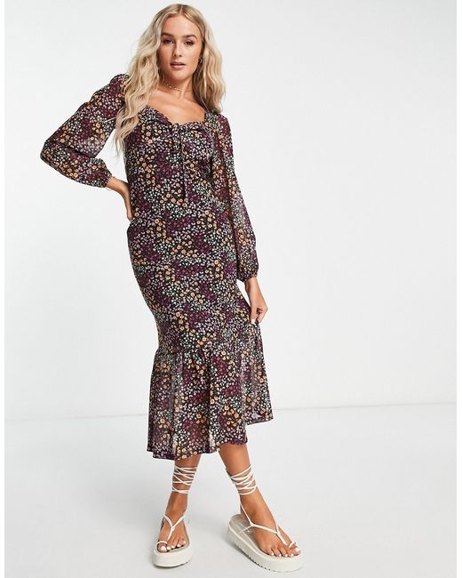 The Frolic square neck midi tea dress with mesh sleeves in micro floral-