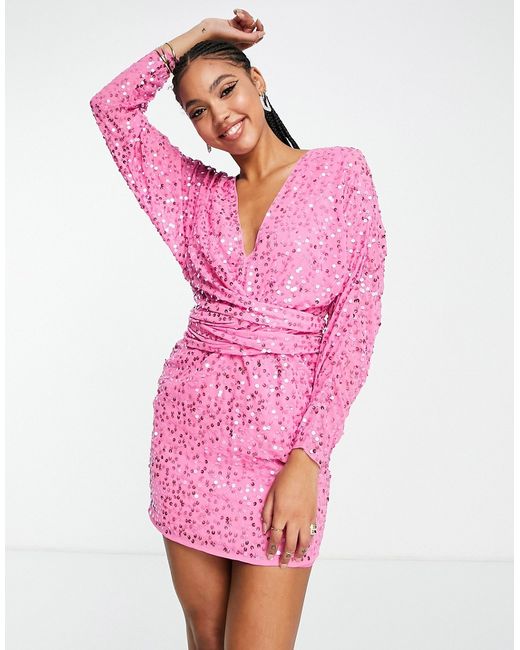 Asos Design mini dress with batwing sleeve and wrap waist in scatter sequin