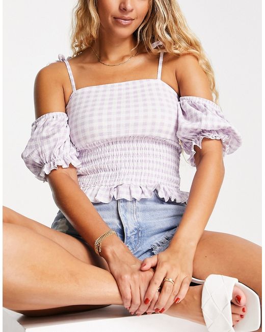 River Island gingham shirred top in lilac part of a set-