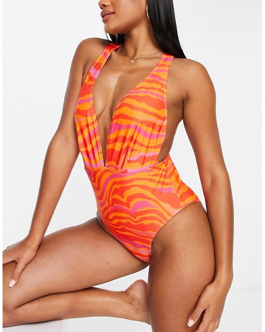 Urban Threads plunge cross back swimsuit in and pink print
