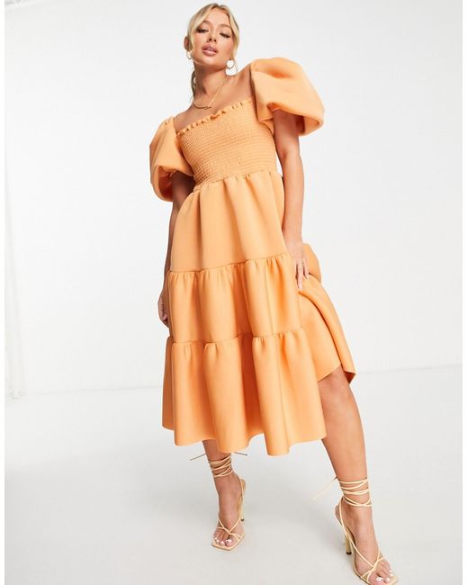 Asos Design shirred puff sleeve tiered prom midi dress in apricot-