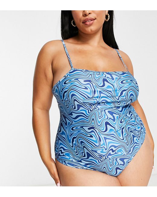 Brave Soul Plus square neck swimsuit with adjustable straps in swirl print