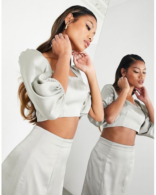 Asos Design EDITION satin puff sleeve crop top in sage part of a set