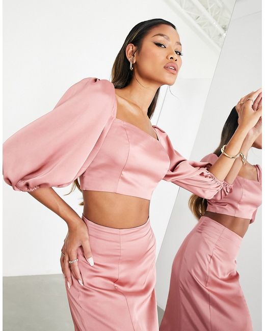 Asos Design EDITION satin puff sleeve crop top in dusky rose part of a set-
