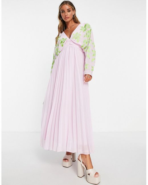 Asos Design batwing pleated maxi dress with in lilac green embroidery-